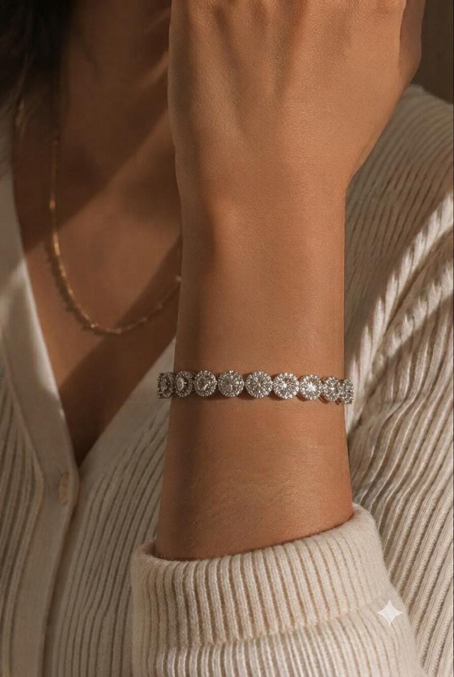 Silver Tone Halo Tennis Bracelet, Cubic Zirconia Wedding Jewelry